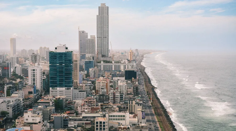 Colombo's skyline meeting the Indian Ocean, seen from above