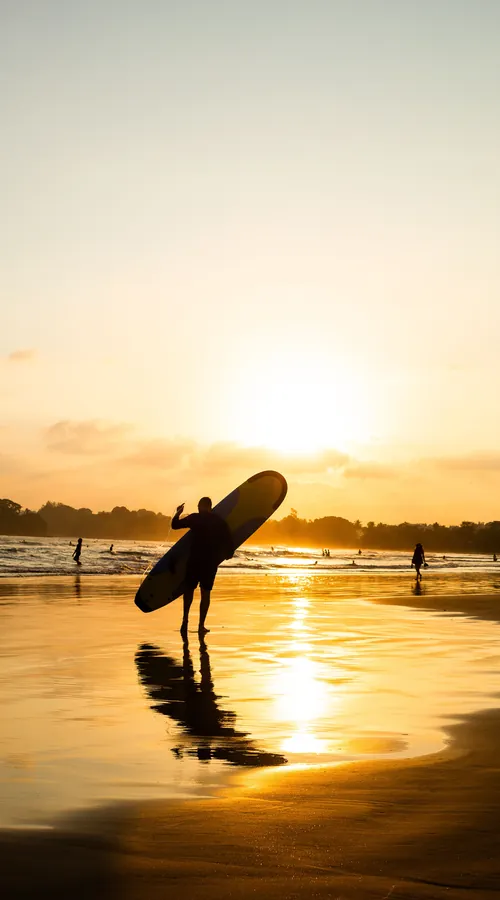 A surfer silhouetted against a glowing sunset